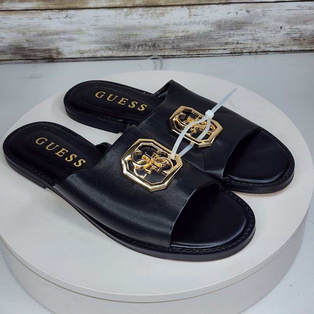 GUESS Women's Black Logo Slide Sandals Gold Hardware Open Toe Slip-On Size 8